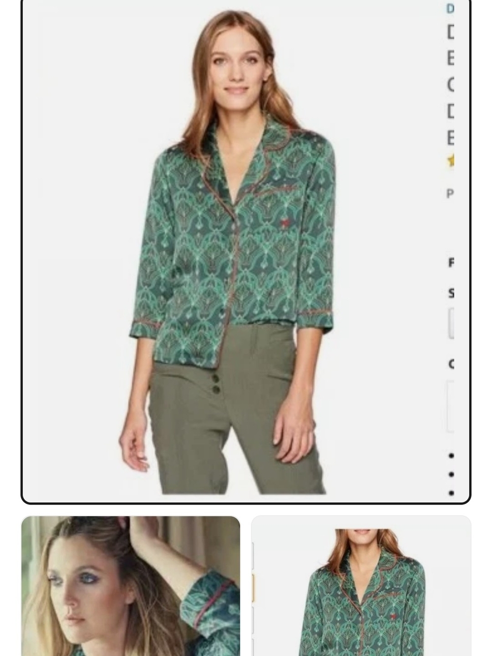 Vintage Dear Drew Green Patterned Satin Pajama-Style Top - Size M